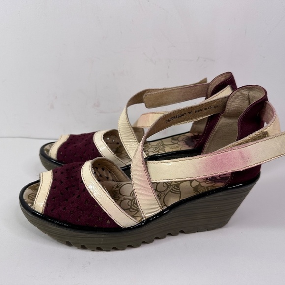 Fly London Ydel Platform Wedge Sandals Women's 39 Burgundy Ankle Strap Heels - Picture 2 of 13